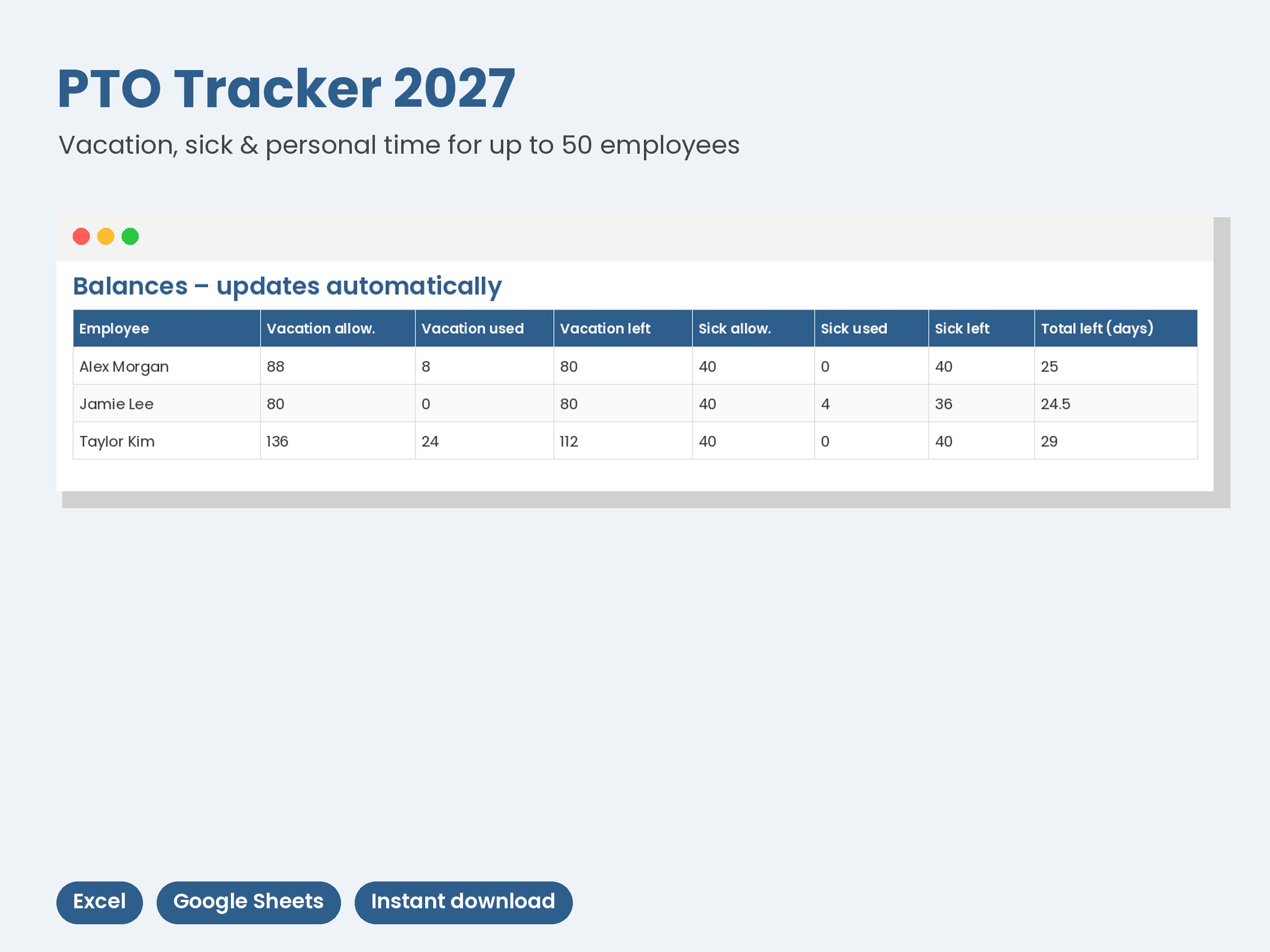 PTO Tracker 2027 Spreadsheet